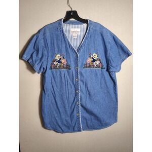 Cottagecore Denim Button Up Shirt Teddy Bear Picnic Embroidered Short Sleeve LG